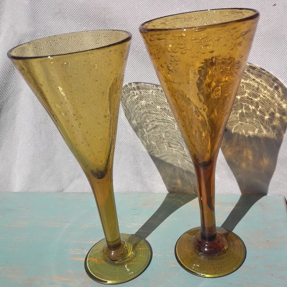 Vintage Golden Wine Goblets Bubble Glass Handmade Signed French Artist France - Picture 16 of 16
